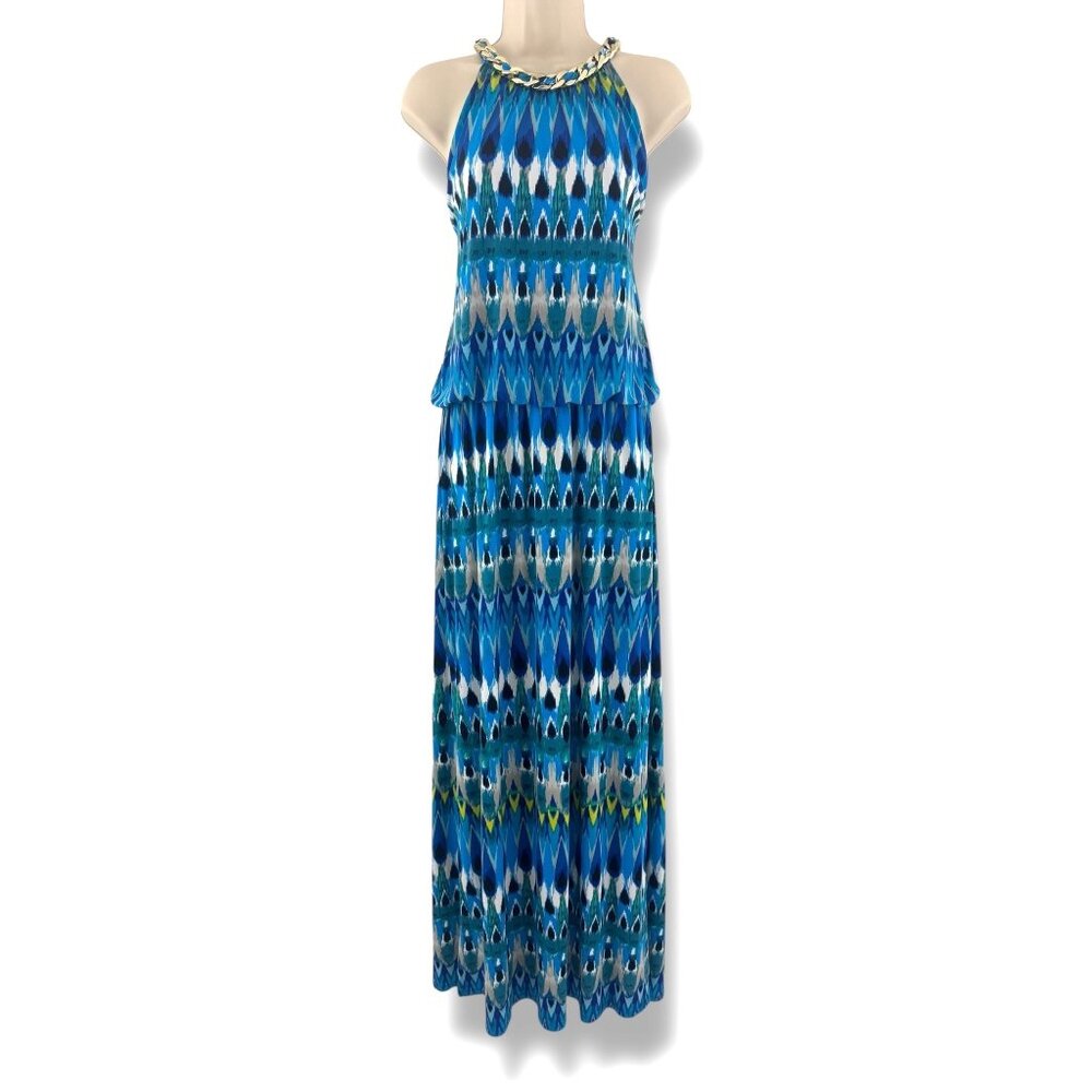 Dressbarn Blue Ikat Print Gold Chain Halter Neck Blouson Maxi Dress Sz 16 Summer - Picture 1 of 9